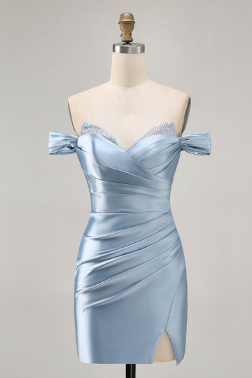 Gris Bleu Épaule Dénudée Satin Ruché Robe de Retrouvailles avec Fente